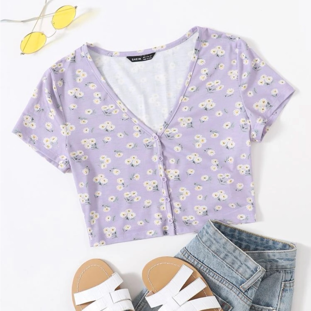 Lavender With White Ditsy Floral Design Button-Up Crop Top Nwot
